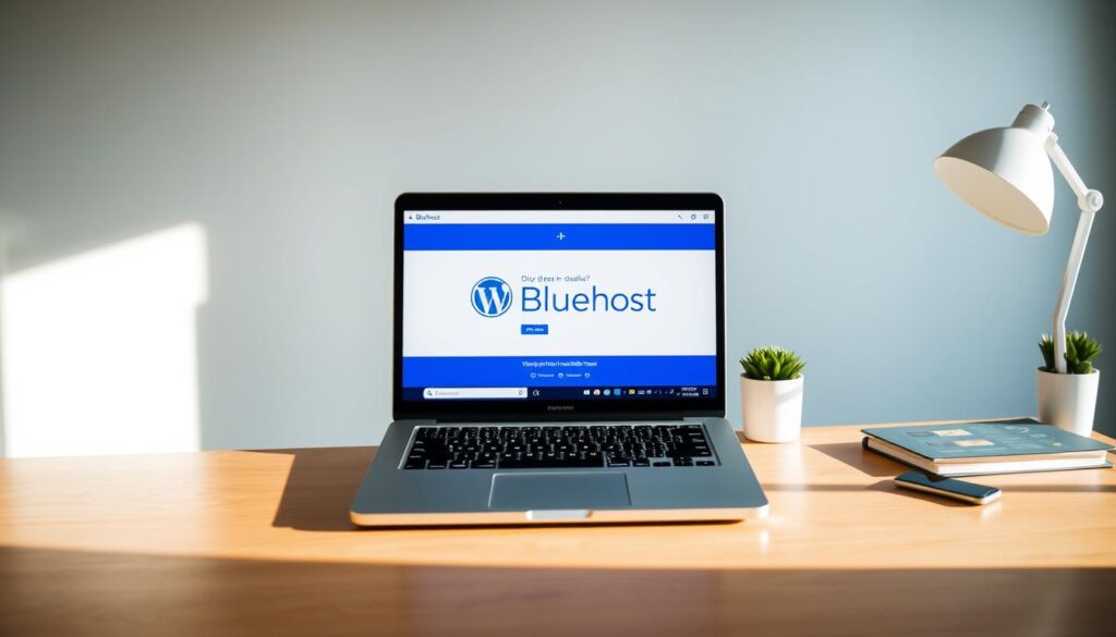A pristine, well-lit office desk showcasing a laptop with the Bluehost logo prominently displayed on the screen. The desktop features a clean, minimal interface with the WordPress installation process in progress, highlighted by vibrant blues and whites. Marko's branding subtly accents the scene, creating a professional, inviting atmosphere. Soft, natural lighting from the side casts a warm glow, emphasizing the sleek, modern design elements. The overall composition conveys a sense of ease and simplicity, guiding the viewer through the Bluehost WordPress installation process.