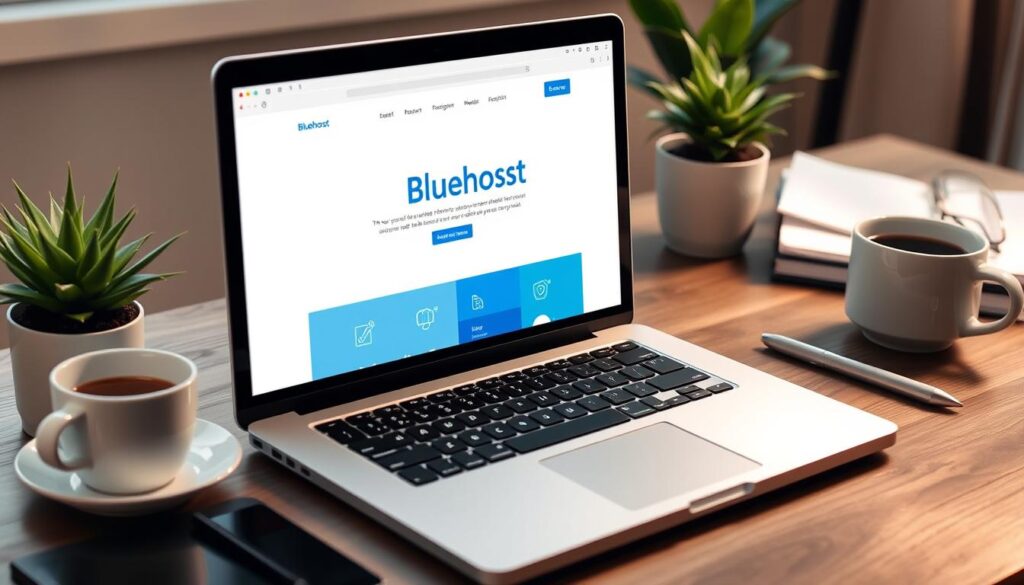 Generate an image of a blogger's workspace with a laptop showing the Bluehost website.
